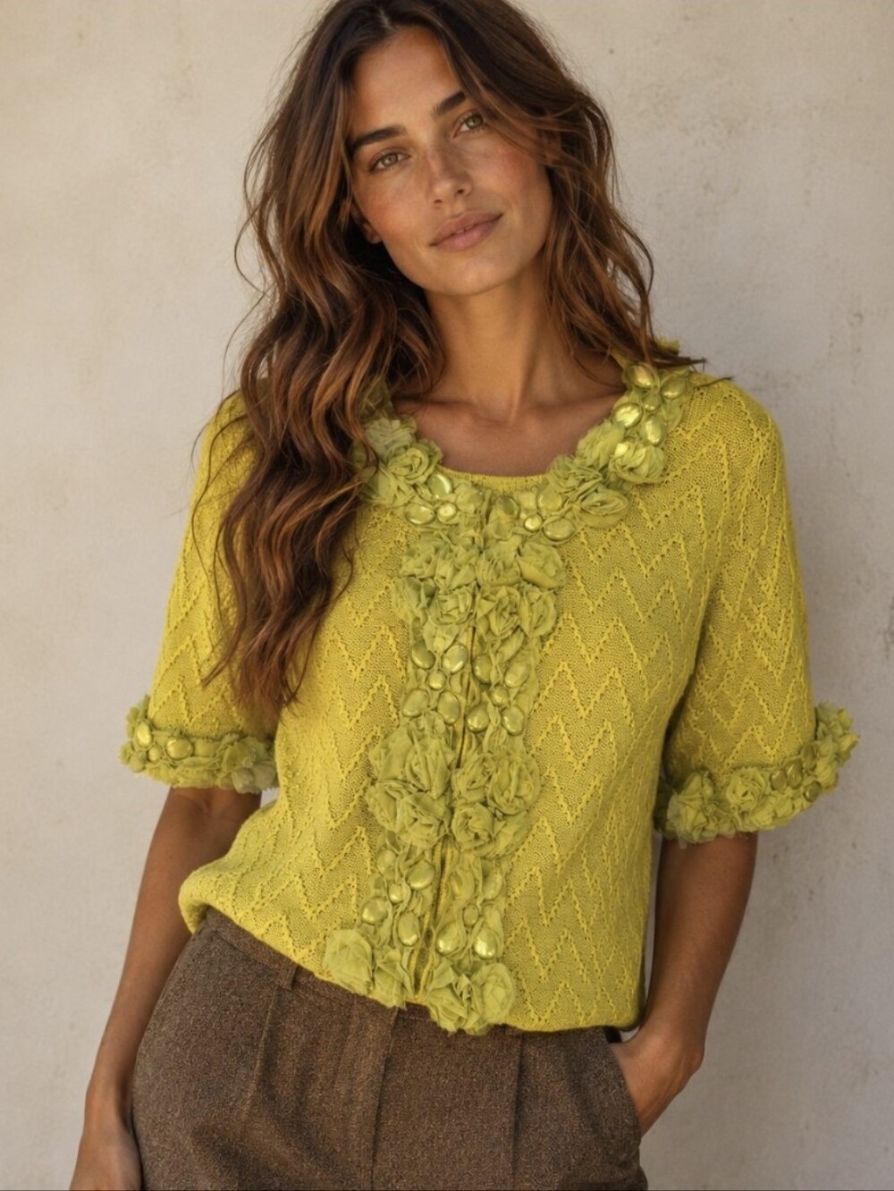 Vtg Michael Simon Cardigan Sweater Chartreuse Lime Green Silk Flowers Sz XL